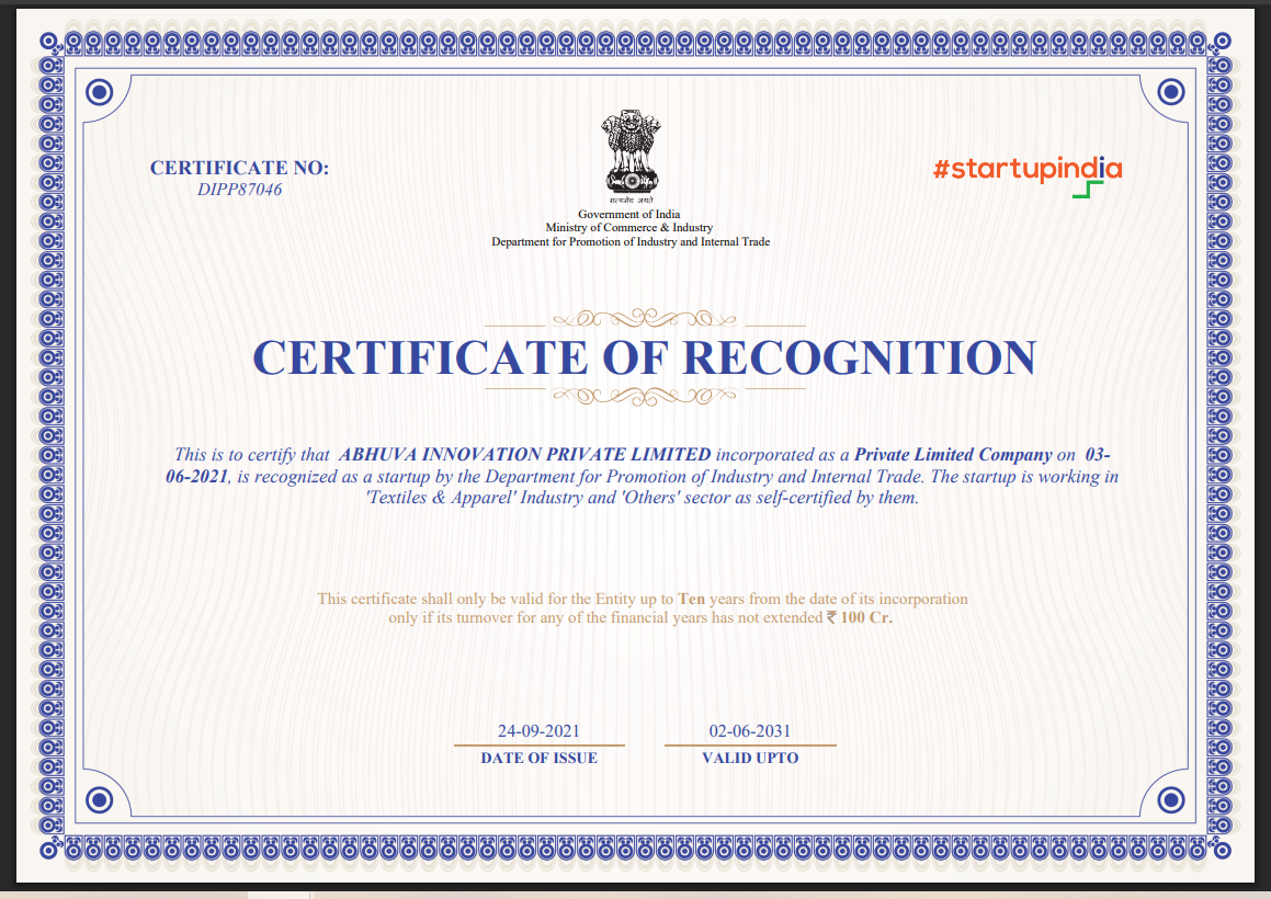 Startup Certificate for Abhuva Innovation